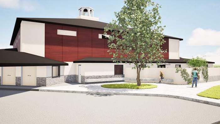 Rendering of the new sanctuary elevation in deep red panels beneath the cupola