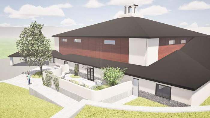 Rendering of the renovated sanctuary seen from above, with the Maxine Thurman Caruth Courtyard below it